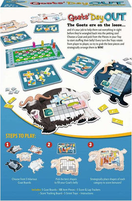 Goats Day Out game by Think Fun features colorful game pieces and goat-shaped boards. Players choose goats and fill them with various items, strategizing to score. The game includes 5 goat boards, 108 item pieces, and score trackers, encouraging laughter and fun for family game nights.