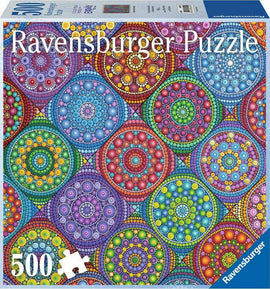 Ravensburger jigsaw puzzle featuring a vibrant, multicolored design with intricate circular patterns and beads. The puzzle contains 500 pieces, showcasing artistic details in a kaleidoscope of colors.
