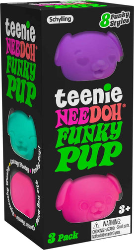 Teenie Funky Pups Nee Doh by Schylling, a colorful set of three squishy, tactile fidget toys shaped like cute puppies. The pack includes purple, teal, and pink pups, designed for stress relief and sensory play. Ideal for ages 3 and up.
