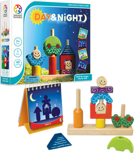 SmartGames Day & Night mechanical puzzle for preschoolers featuring colorful wooden components. The game includes a challenge booklet with 48 visual puzzles and a variety of stackable pieces shaped like houses, trees, and characters. Designed for children aged 3 and up, it promotes problem-solving and fine motor skills through fun, interactive play.