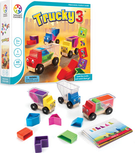 The Trucky 3 mechanical puzzle by SmartGames, featuring colorful toy trucks and various geometric blocks. The set includes three trucks, designed for preschoolers to load the trucks with blocks. Accompanying the trucks are colorful challenge cards and a booklet illustrating different puzzle levels. Ideal for enhancing problem-solving skills in young children.