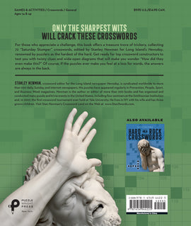 The back cover of the 'Really Hard Hard as a Rock Crosswords' book by Union Square & Co. Features a striking image of a classical sculpture depicting a figure in despair, alongside a green crossword grid background. The book provides a compilation of challenging crossword puzzles collected by Stanley Newman, known for his intricate clues and engaging wordplay.