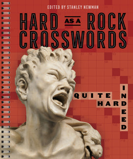 Cover of the book 'Quite Hard Indeed: Hard as a Rock Crosswords' edited by Stanley Newman. The design features an expressive marble sculpture of a man's face in anguish, with bold text overlay in a crossword style. The background is a red grid.
