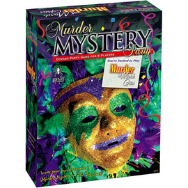 The game box for 'Murder at Mardi Gras' by University Games features a vibrant design with a colorful masquerade mask adorned in green, purple, and gold. The title 'Murder Mystery Party' is prominently displayed at the top, indicating it's a dinner party game for eight players. Surrounding the mask are festive decorations, suggesting a lively Mardi Gras theme, perfect for a fun-filled mystery-solving experience.