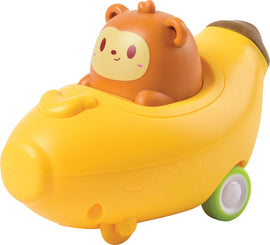 The Press and Go Banana Car features a cute bear character seated in a vibrant yellow banana-shaped vehicle with wheels. The toy encourages imaginative play by simply pressing it to watch it zoom away, suitable for toddlers and young children.