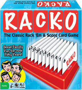 Rack-O game by Winning Moves featuring a vibrant blue and red box design. The game includes a rack that holds numbered cards, showcasing numbers from 1 to 43. The front of the box highlights the game's tagline 'The Classic Rack Em & Score Card Game' along with images of a cheerful family playing together, symbolizing fun and togetherness. It is designed for 2 to 10 players aged 8 and up, celebrating over fifty years of family enjoyment.