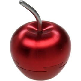 Red Apple Aluminum puzzle by W.G.H. Strijbos, featuring a shiny, metallic red apple design with a small metallic stem. It's a mechanical puzzle that challenges the mind.