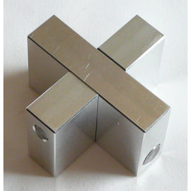 Aluminum Cross Puzzle by W.G.H. Strijbos, featuring a unique mechanical design with a cross shape crafted from shiny aluminum. Ideal for puzzle enthusiasts and mechanical puzzle collectors.