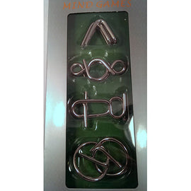 Eureka Shapes Collection Mechanical Puzzle set featuring four intricately designed puzzles crafted from metal. Each puzzle presents a unique challenge, showcasing various shapes such as a triangle, infinity loop, and more. The puzzles are arranged in a clear packaging, highlighting their shiny finish, perfect for enthusiasts of all ages seeking to sharpen their problem-solving skills.