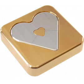 A beautifully crafted aluminum mechanical puzzle featuring a heart shape in a square frame. The heart shape is made of shiny metal, contrasting with the gold-tone surrounding. Perfect for brain teasers and puzzle enthusiasts.