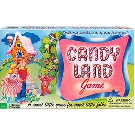 Candy Land board game box by Winning Moves featuring colorful illustrations of a gingerbread house, children, and whimsical characters. The packaging celebrates over 65 years of family fun, highlighting its appeal to young players.