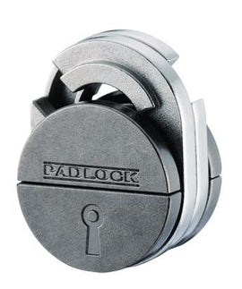 A stylish and intricate cast padlock from Hanayama, featuring a sleek silver and dark gray design. The padlock is depicted in a closed position, showcasing its mechanical complexity and high-quality craftsmanship. Ideal for puzzle enthusiasts, it challenges users to figure out how to unlock it, combining functionality with engaging problem-solving.