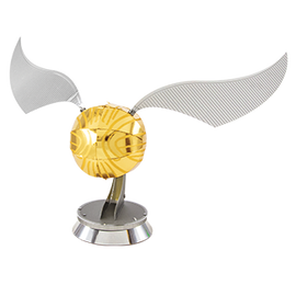 A detailed DIY metal model of the Golden Snitch from Harry Potter, featuring a shiny golden ball with delicate silver wings attached. The model is mounted on a circular base, showcasing intricate design and craftsmanship, perfect for collectors and fans of the franchise.