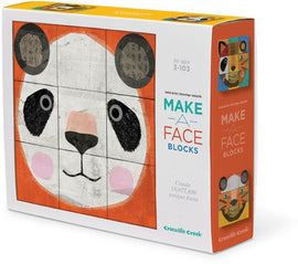 The 'Make-A-Face' blocks by Crocodile Creek are colorful interlocking blocks designed for children ages 3 to 103. The box features a playful panda face, along with a variety of other faces that kids can create by rearranging the blocks, encouraging creativity and imaginative play. The product promises to provide endless fun with the ability to create over 10,000 unique faces.
