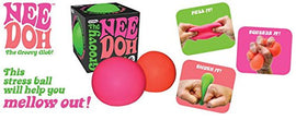 NeeDoh Groovy Glob stress ball by Schylling Associates Inc. This colorful stress ball is designed to help you relax and unwind. Available in vibrant pink and green colors, the product packaging features instructions for play. Perfect for squeezing, pulling, and pressing, it offers a satisfying tactile experience. Ideal for stress relief and sensory play.