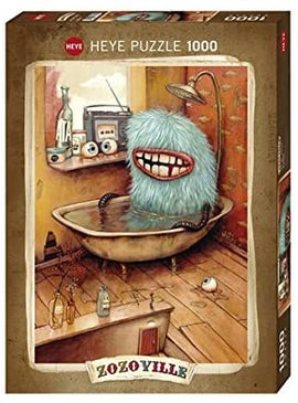 Heye 1000-piece jigsaw puzzle titled 'Zozoville' featuring a whimsical monster with a big smile, lounging in a vintage bathtub amidst quirky home decor, including retro appliances and bottles.