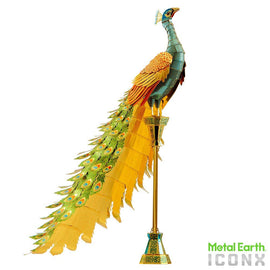 A colorful DIY metal model of a peacock, featuring intricate detailing with vibrant green, yellow, and blue colors. The peacock stands elegantly on a tall pedestal, showcasing its elaborate tail feathers adorned with eye-like patterns. Perfect for model enthusiasts and collectors, the peacock exhibit reflects artistry and craftsmanship.