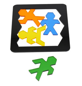 Robot Squeeze by Eureka Puzzles is a colorful mechanical puzzle featuring various shaped pieces including orange, yellow, blue, and green figures. The pieces fit into a black frame with cut-out shapes, providing a fun and engaging challenge for puzzle lovers.