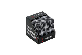 Shashibo Black & White box showing intricate black and white designs, featuring the question 'Can you create more than 70 shapes?' The box is sturdy and designed for multiple transformations, encouraging creativity through play.