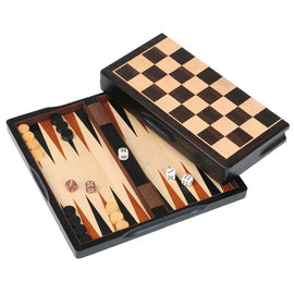 The 3-in-1 gaming set features an 11-inch dark wood design with a classic chessboard on one side and a backgammon setup on the other. Includes dice and playing pieces for versatile gameplay.