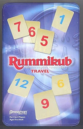 Rummikub: Travel Tin game box featuring colorful number tiles 1 through 12, with a red and blue background, emphasizing the game's portable nature for 2 to 4 players aged 8 and older.