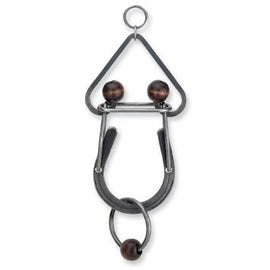 The U-Turn Tavern Puzzle by Tucker Jones House is a challenging mechanical puzzle made of intricate metal loops and rings. It features a classic design with two round wooden beads and a triangular frame, requiring clever manipulation to solve. Ideal for puzzle enthusiasts and as a decorative piece.