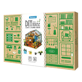 Cathy's Flower House DIY model kit by Robotime featuring a detailed design of a greenhouse. The packaging showcases various DIY elements, including indoor plants, furniture, and decor. Ideal for crafting enthusiasts to build their own charming flower house.