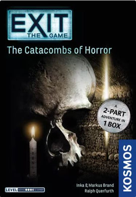 Exit: The Catacombs of Horror board game by Thames & Kosmos featuring a dark-themed cover with a skull, candle, and eerie background, promising a two-part adventure.