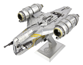 The ICONX Razor Crest is a detailed metallic DIY kit by Metal Earth, showcasing a stylized spaceship model with intricate designs and a sturdy base. The model features realistic metallic detailing, two prominent engines, and a sleek body, perfect for collectors and hobbyists. Ideal for crafting enthusiasts looking to build and display a standout piece.