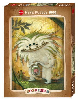 The Zozoville Veggie jigsaw puzzle by Heye features a whimsical illustration of a friendly creature with green hair and a joyful expression. It is holding a jar and surrounded by a colorful forest background, filled with rich details. This 1000-piece puzzle is perfect for adults and kids who enjoy fun and quirky artwork.