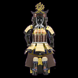 A detailed DIY kit of a Metal Earth Samurai Armor model from Fascinations. The model showcases intricate metal pieces forming a traditional samurai armor with vibrant colors and fine craftsmanship. Ideal for model enthusiasts and hobbyists looking for a unique project.