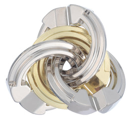 The Cast Cyclone puzzle by Hanayama features a complex design composed of intertwined metallic pieces, showcasing shiny silver and gold tones. This mechanical puzzle presents a challenging experience, requiring skillful manipulation to separate its components, while its sleek aesthetic makes it a stunning decorative item as well.