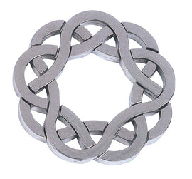 A metallic cast coaster designed by Hanayama, featuring an intricate mechanical puzzle design with interwoven loops accentuating its unique shape.