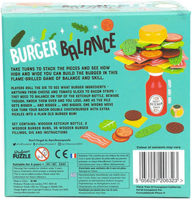 Burger Balance by Professor Puzzle is an engaging stacking game. Players take turns building an increasingly tall burger using wooden pieces, balanced atop a ketchup bottle. The objective is to avoid toppling the ingredients while rolling dice to determine which elements to stack. Includes a variety of burger fillings such as lettuce, tomatoes, and bacon, making it a fun and interactive game for family and friends.