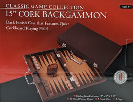A 15-inch wooden Backgammon set with a dark finish and corkboard playing field, featuring a closed case, visible pieces, and dice. The set includes 30 wooden playing pieces and 5 plastic dice, perfect for age 8 and up.