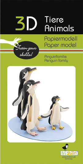 3D Paper Model Penguin Family DIY kit featuring three penguin figures standing on a blue base, designed by fridolin. Perfect for crafting and boosting creativity.