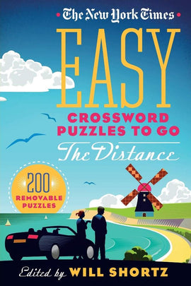 Cover of 'The New York Times Easy Crossword Puzzles to Go' featuring a scenic landscape with a windmill and beach, highlighting 200 removable puzzles, edited by Will Shortz.