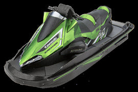 A detailed DIY model kit of a green Kawasaki Jet Ski, showcasing intricate design elements such as the seat, handlebars, and bodywork. The model is made from high-quality materials and features a realistic appearance, ideal for both collectors and hobbyists. Perfect for those who enjoy crafting and personalizing their miniature vehicles.