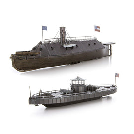 A detailed, high-quality model kit of the Monitor and Merrimack ships, showcasing intricate designs and features. The kit includes two models, one resembling the USS Monitor, known for its armored design, and the other representing the CSS Merrimack. Each ship model is accurately crafted with flags displayed on top, making it a great addition to any collection or kit enthusiast's workspace.