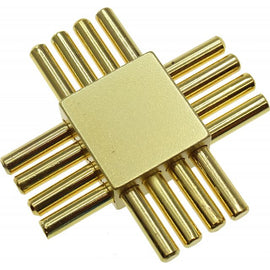 A close-up view of the CPU Puzzle, a mechanical puzzle featuring a golden, cross-shaped design with multiple cylindrical rods protruding from a central square base. Ideal for enthusiasts who enjoy challenging brain teasers and hands-on problem-solving.