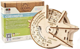 UGears 3D Curvimeter DIY mechanical model kit showcasing intricate wooden design with measurement scales. Ideal for educational STEM activities, it helps learn about curved line measurements on maps. Includes packaging details and branding.