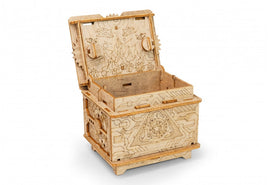 The Orbital Box by EscapeWelt is a mechanical puzzle designed as a decorative storage container. It features intricate wooden engravings on the exterior and a hinged top that opens to reveal an empty interior. The design includes gears and mechanical elements, showcasing the craftsmanship involved in its creation.