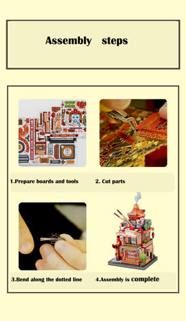 A DIY kit from Travel the World Clothing Shop by Mu Model featuring assembly steps. The image shows tools and parts arranged in four stages: preparing materials, cutting parts, bending components, and the completed assembly of a detailed model.