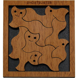 The Ghostbuster mechanical puzzle features playful ghost-shaped pieces crafted from smooth wood, each adorned with a smiling face. The puzzle is set within a dark background, showcasing the intricate design and craftsmanship. The top of the puzzle is engraved with the title 'GHOSTBUSTER', adding a whimsical touch to this engaging brain teaser.