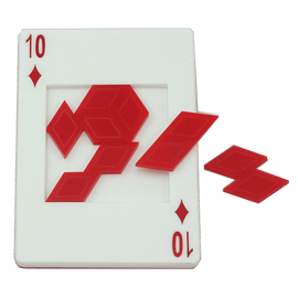 A Ten of Diamonds mechanical puzzle by Mr. Puzzle, featuring a white card with the number 10 and red diamond shapes. The pieces are shown partially removed from the card, illustrating their unique geometric design.