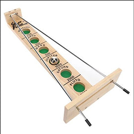 Shoot The Moon game by Wood Expressions Inc. features a wooden play surface with a scoring track that includes planets: Mercury, Mars, Earth, Jupiter, Saturn, and Pluto. The game involves rolling a ball towards the scoring holes, promoting fun and skillful play for family and friends.