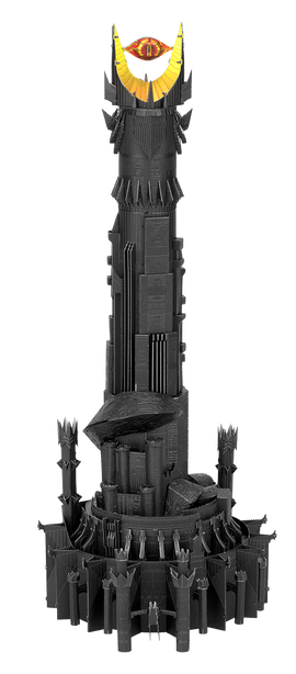 A detailed 3D model of Barad-Dur, the dark tower from the Lord of the Rings universe, crafted from interlocking parts. It features a tall, spiked structure with a bright eye at the top, surrounded by strategically placed towers and decorative elements. This DIY model encourages creativity and skill development, ideal for fans of fantasy and intricate builds.