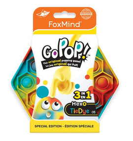 Go Pop Hexagon Tie Dye #5 in vibrant orange packaging featuring a playful design. Showcases the original popping game by FoxMind, highlighting its 3-in-1 feature with colorful popping hexagons, suitable for all ages. Ideal for fidgeting and stress relief.