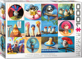 Eurographics Funny Birds jigsaw puzzle featuring whimsical and humorous illustrations of birds in various playful settings, such as wearing hats, relaxing by the pool, and engaging in fun activities. The puzzle consists of 1000 pieces, showcasing vibrant colors and unique designs that bring joy and creativity to puzzlers of all ages.