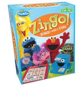 The Sesame Street Zingo! game by ThinkFun features colorful characters including Big Bird, Elmo, and Cookie Monster on the box. The game promotes learning through play, showcasing a bingo-style game play with fun visuals and interactive elements. Suitable for children ages 4 and up, it supports 2 to 6 players.